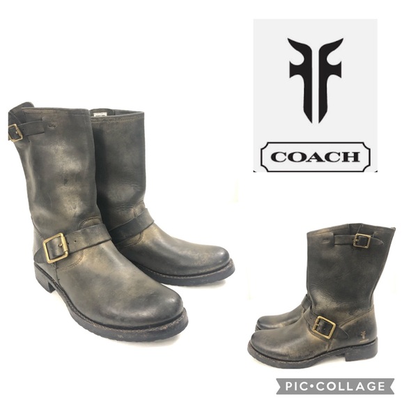 FRYE/COACH Sz 9 Antique Finish Leather Engineer Boots - Picture 3 of 16